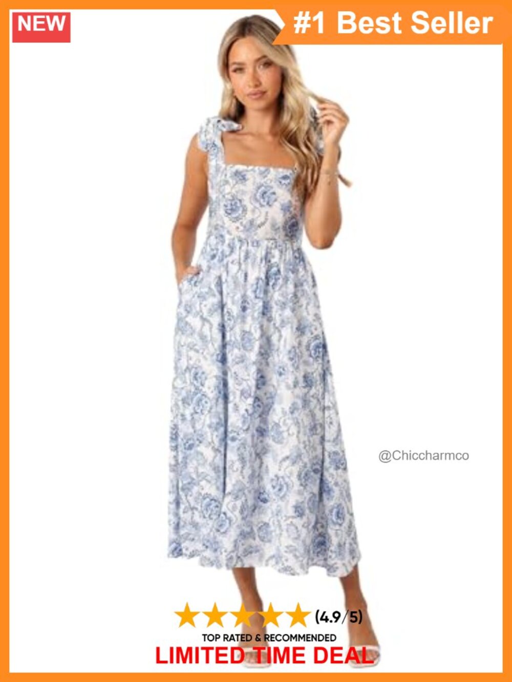 Women's Janie Midi Dress Square Neck Tie Strap A-Line Casual